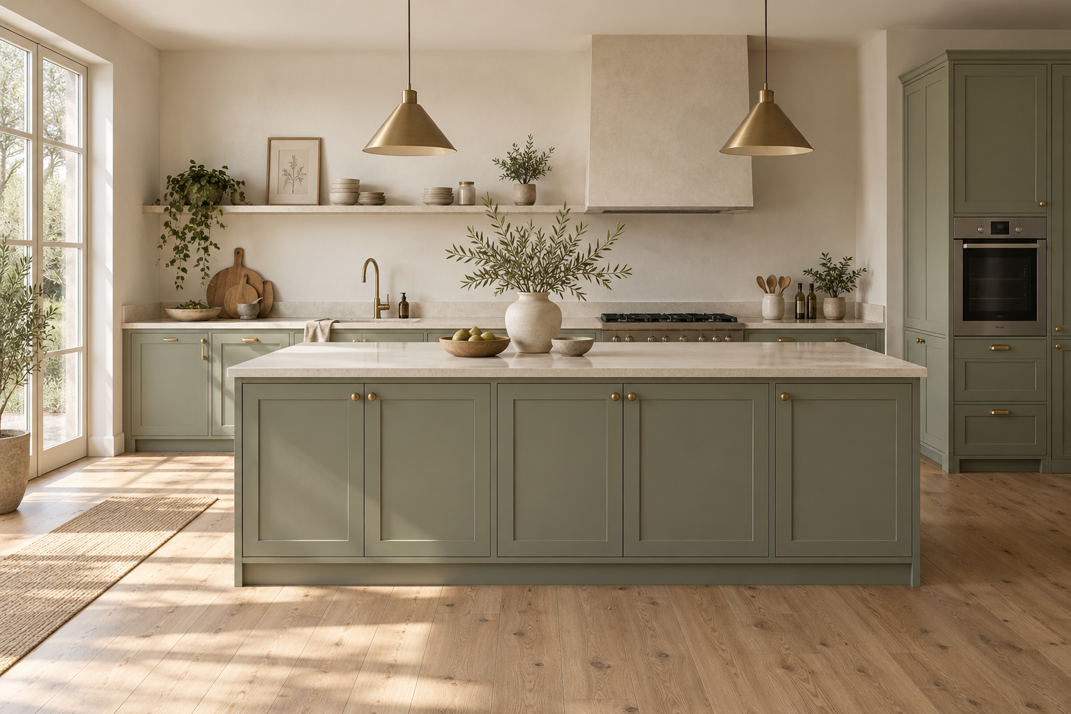 Sunlit kitchen with sage cabinets, brass pendants, and natural oak flooring